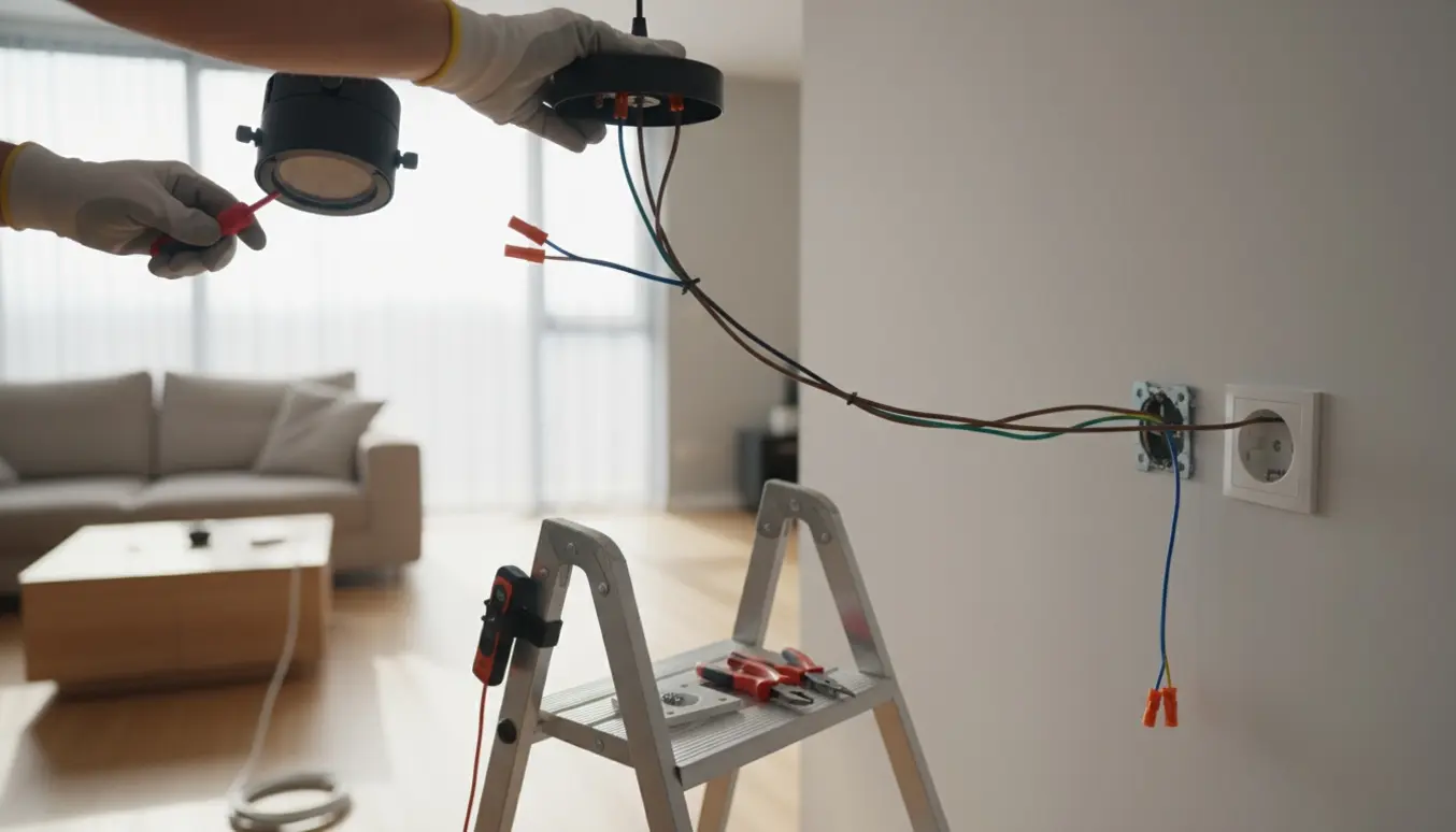 Hænder monterer en loftlampe og fastgør en løs stikkontakt i en stue.