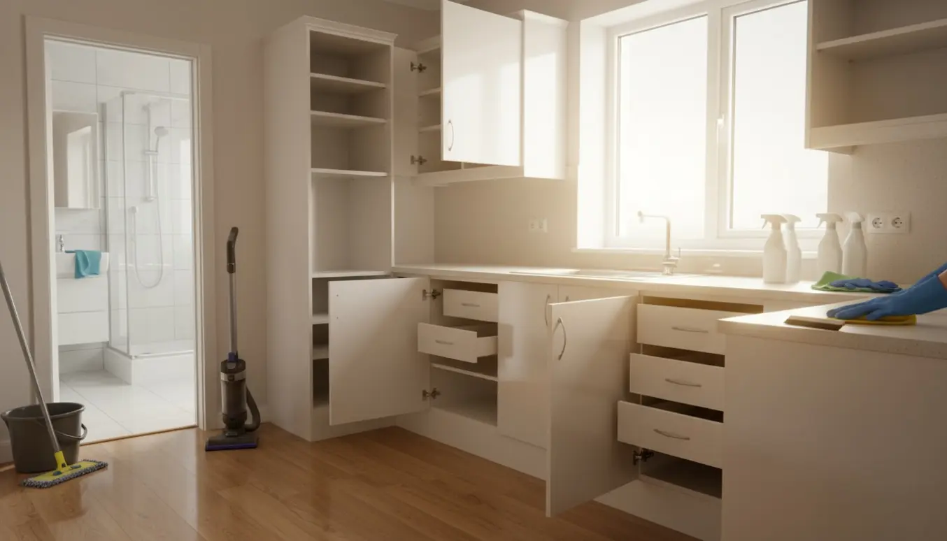 Tom lejlighed med rengøringsudstyr og skinnende rene overflader efter fraflytningsrengøring.