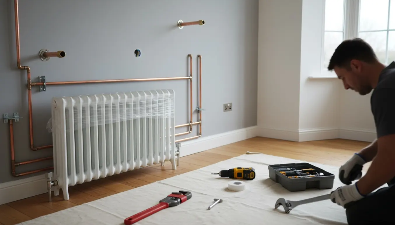 Halvfærdig stue hvor én radiator er fjernet ved et stort vindue, og en anden står klar til at blive flyttet langs væggen med synlige rør og værktøj.