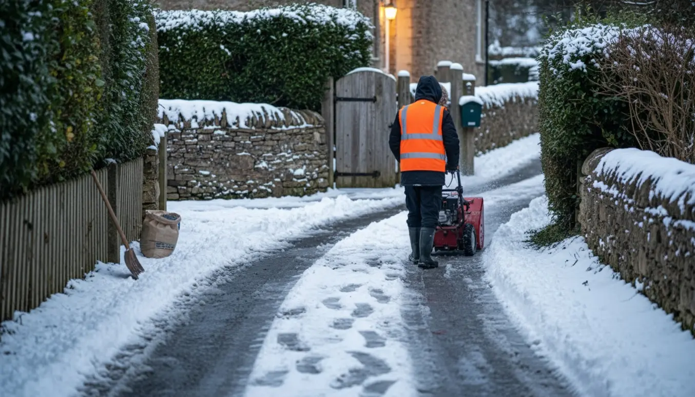 Snerydning på en blind privat vej med en snerydningsmaskine og snebanker.