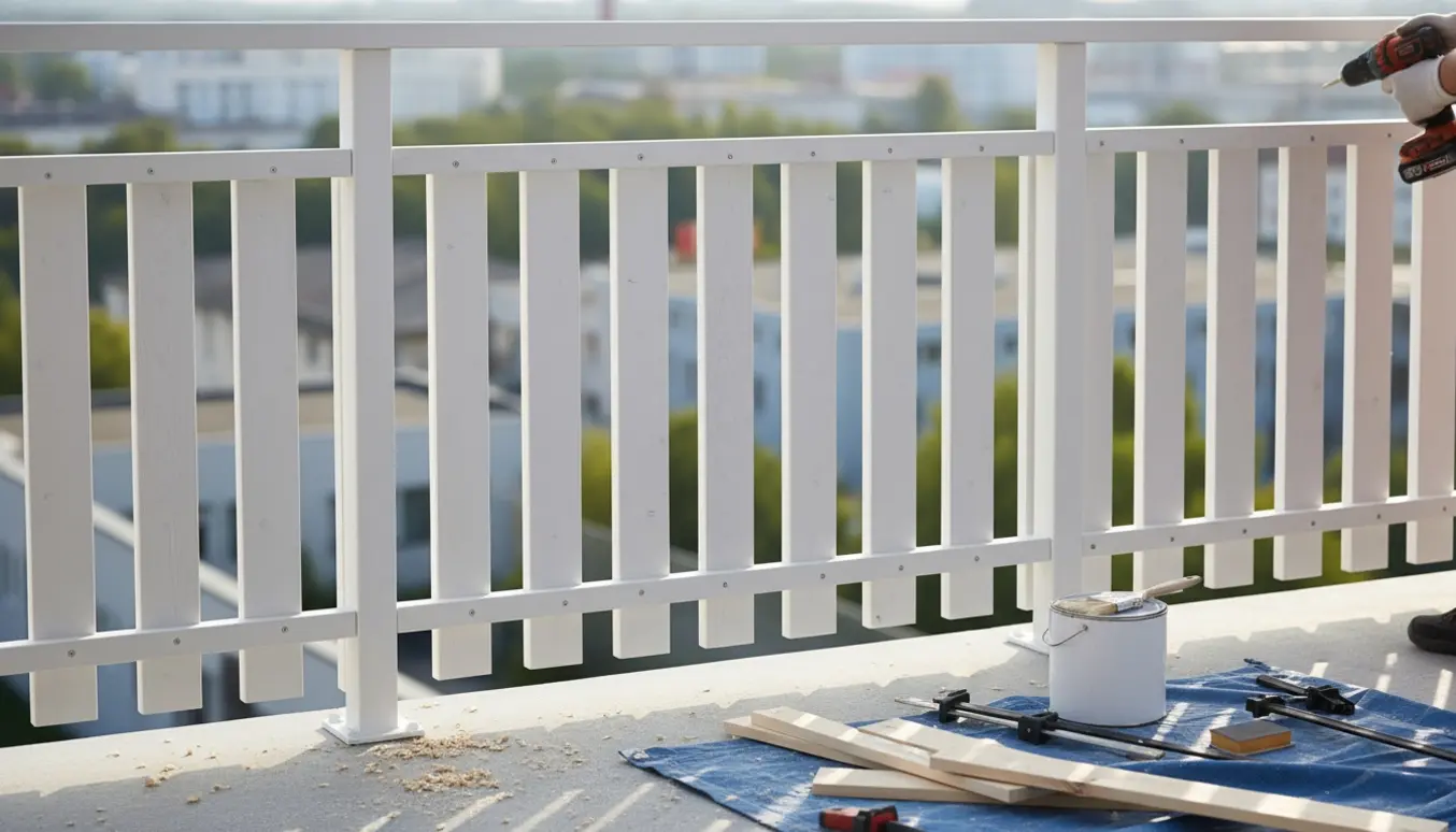 Hvidt stakit på en altan med lodrette brædder og værktøj til gør-det-selv-arbejde.