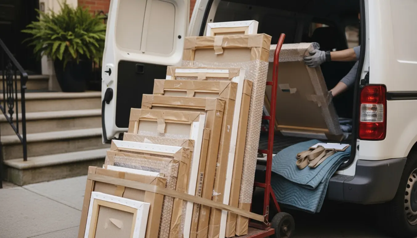 Stablet hobbymalerier pakket i papir og bobleplast ved en åben varevogn klar til transport.