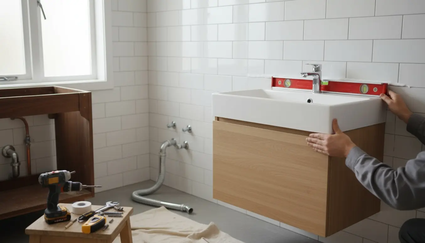 Et nyt væghængt vaskeskab sættes op i et badeværelse med værktøj og afmonteret skab i forgrunden.