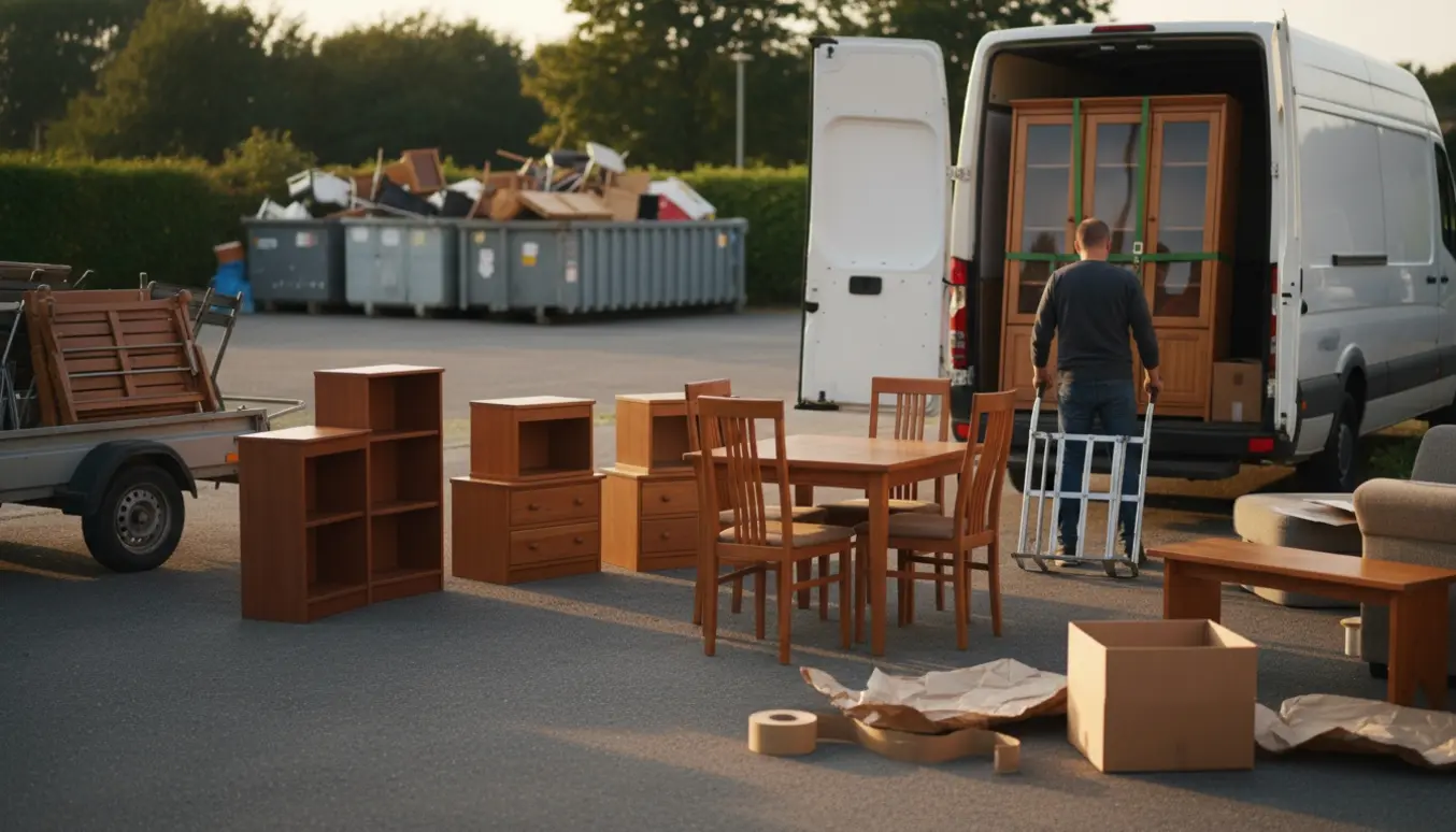 Flyttemand læsser møbler og flyttekasser ind i en hvid flyttebil på en indkørsel, med havemøbler klar til genbrugspladsen.