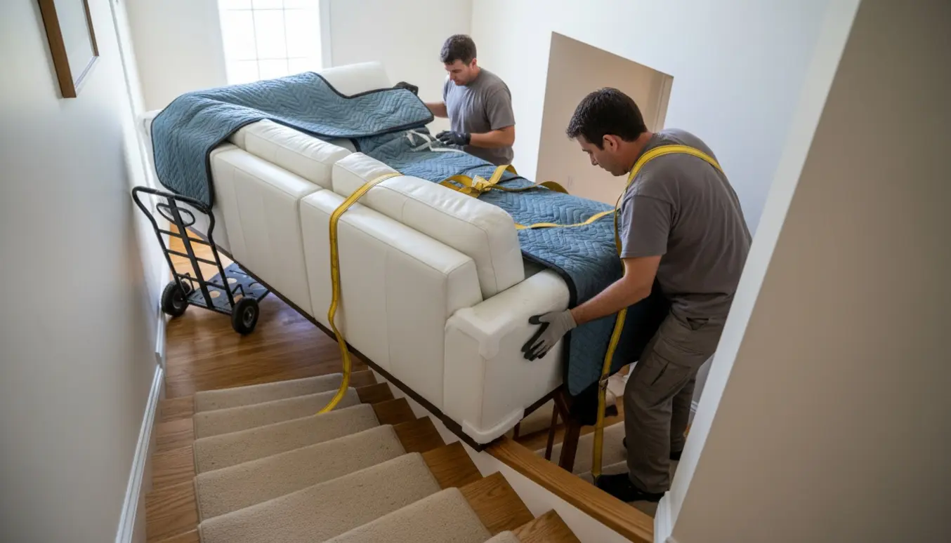 Hvid læder U-sofa i tre moduler bæres op ad en trætrappe af flyttefolk med tæpper og stropper.