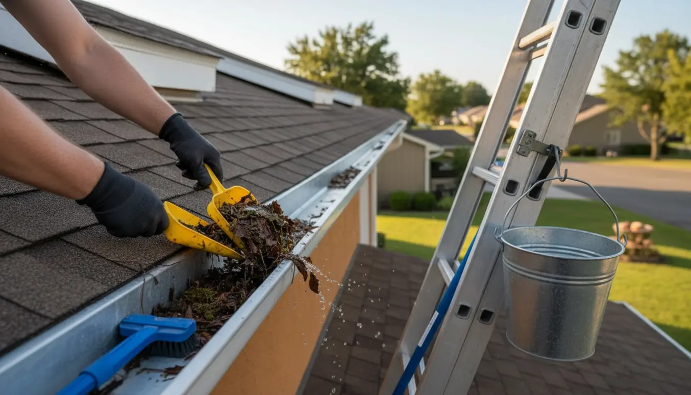 Hænder i handsker renser en tagrende for blade fra en stige ved et parcelhus.