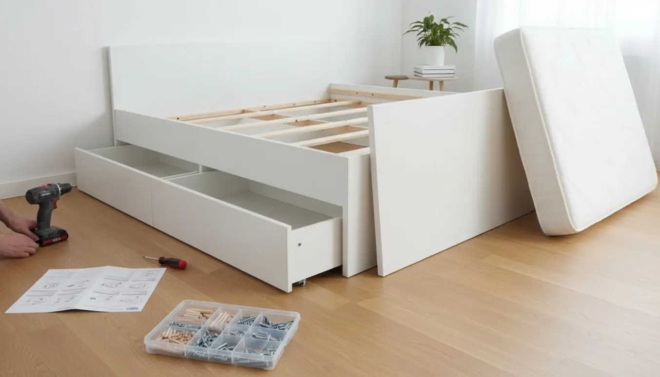 Halvfærdig Brimnes seng i et lyst soveværelse med værktøj og hænder, der strammer en bolt.