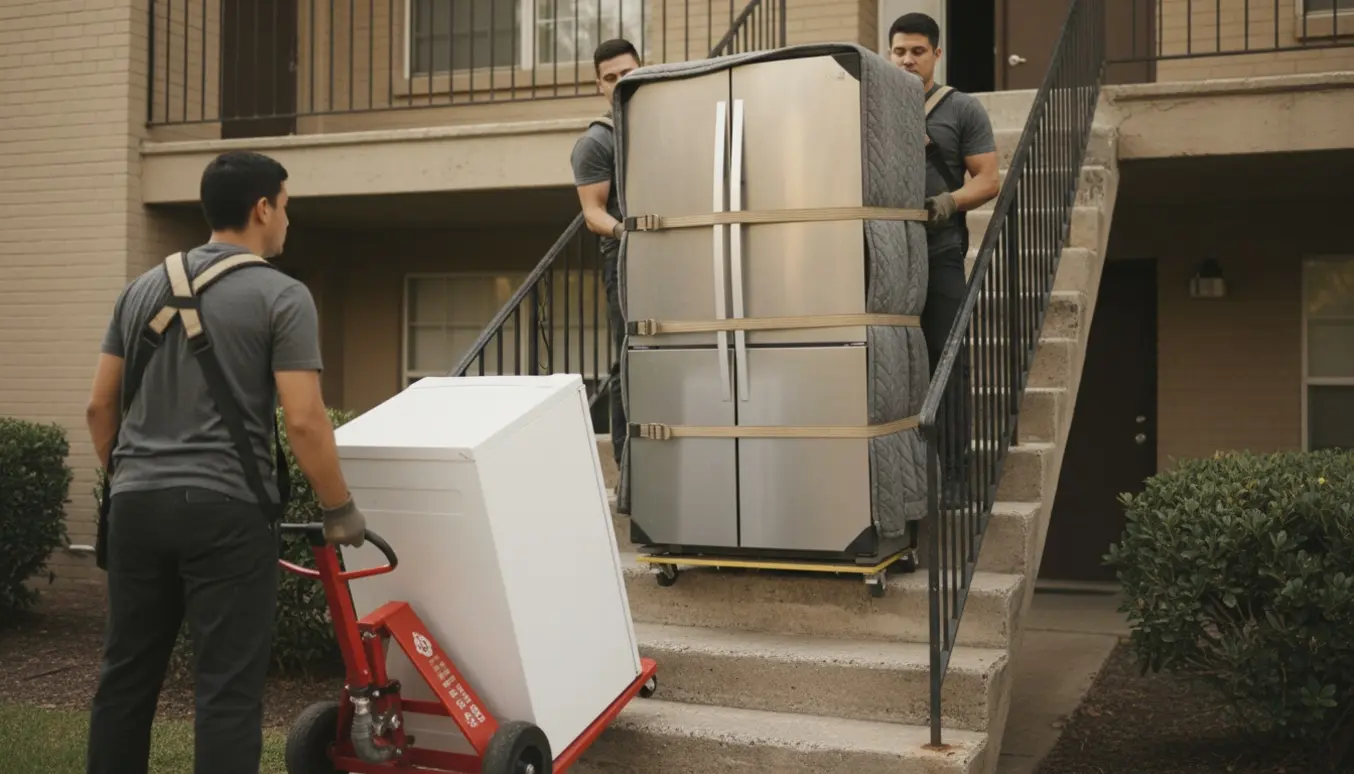 Flyttefolk bærer et stort amerikansk køleskab op ad en trappe, mens et almindeligt køleskab rulles ned på en tralle.