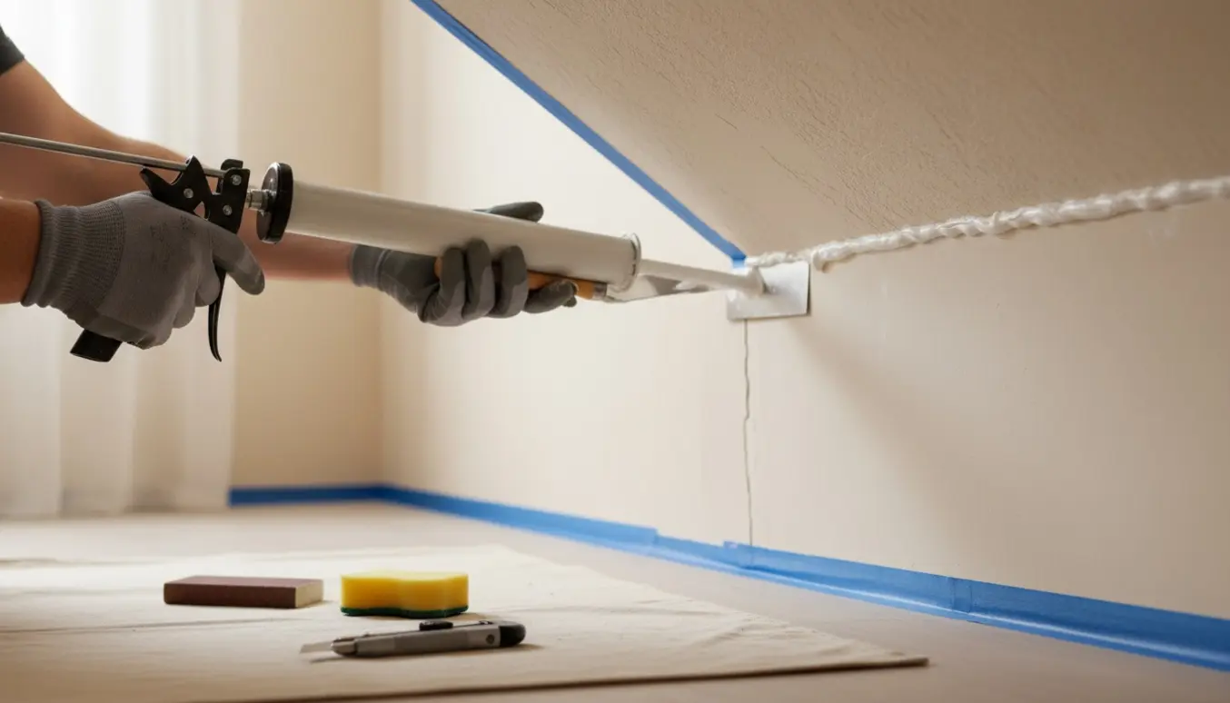 Nærbillede af en hånd, der udglatter hvid fuge i hjørnet mellem væg og loft med fugepistol og spartel.