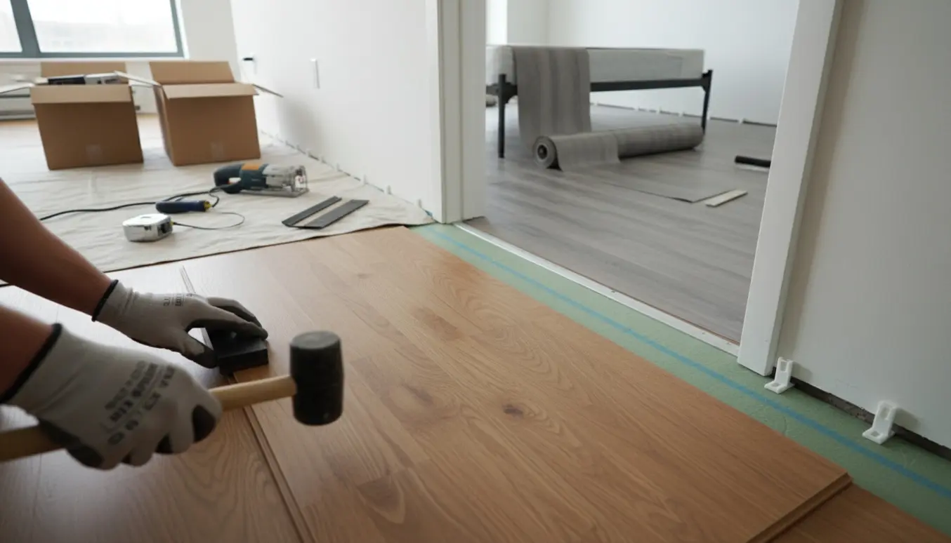 Hænder installerer klikgulv i en åben lejlighed, med vinylgulv rullet ud i soveværelset.