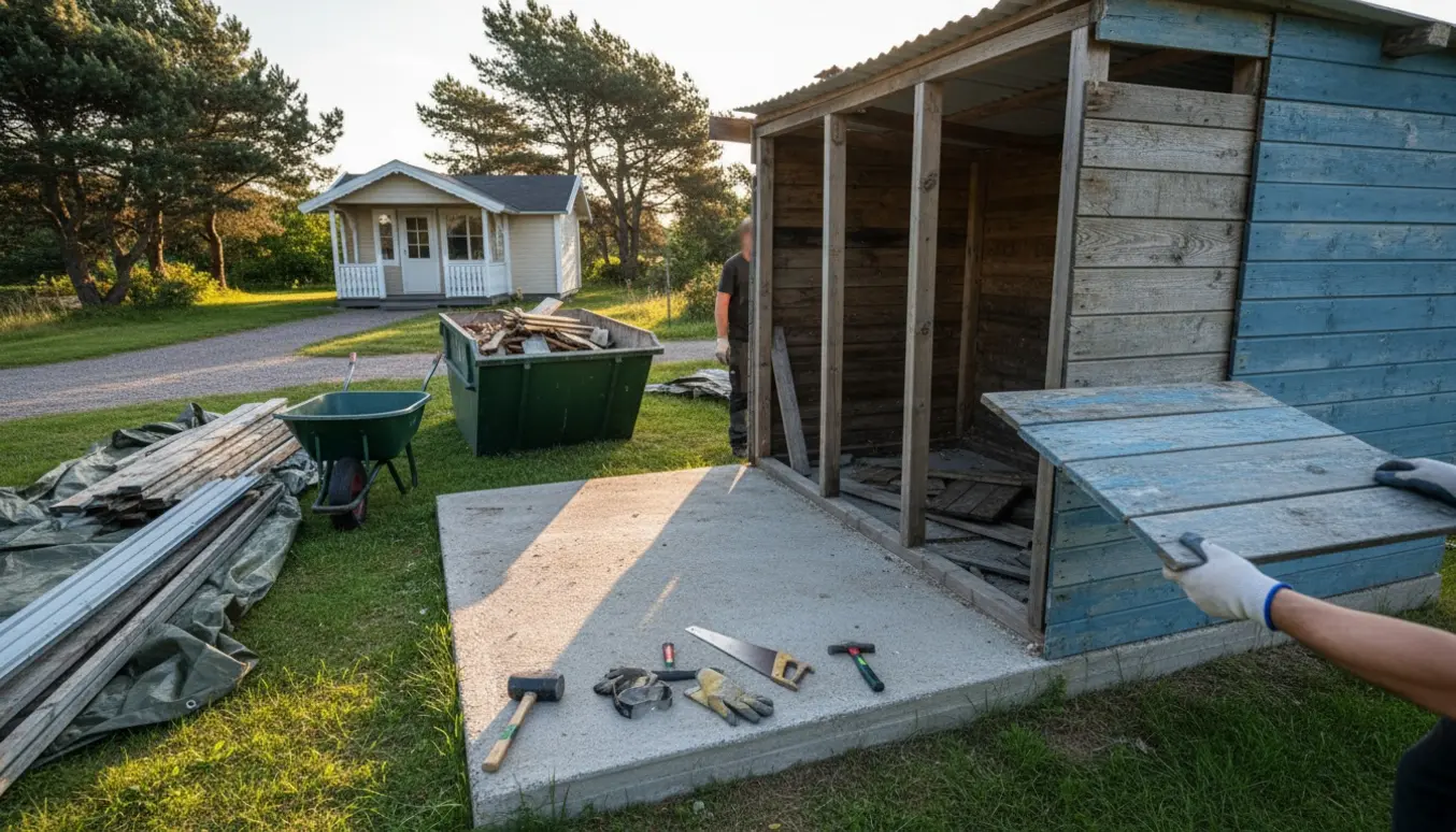 Et gammelt skur ved et sommerhus er forsigtigt nedtaget, materialer stables, og soklen bevares.