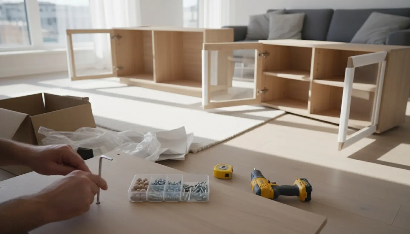 Hænder samler en ny skænk og to vitrineskabe i en lys skandinavisk stue.