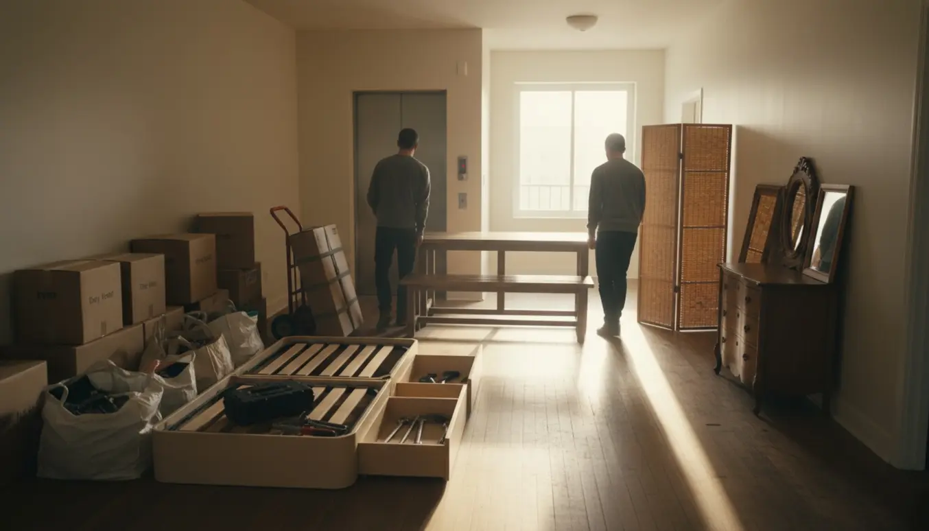 To personer bærer et plankebord i en lys opgang med flyttekasser, en adskilt seng og møbler klar til storskrald.