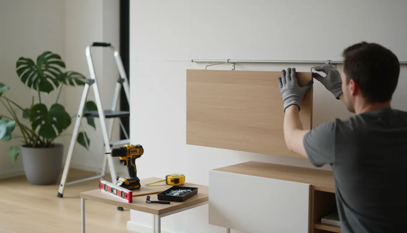 Hvidt skab bliver hængt op på væg med vægskinne, bore- og monteringsværktøj i nærheden.