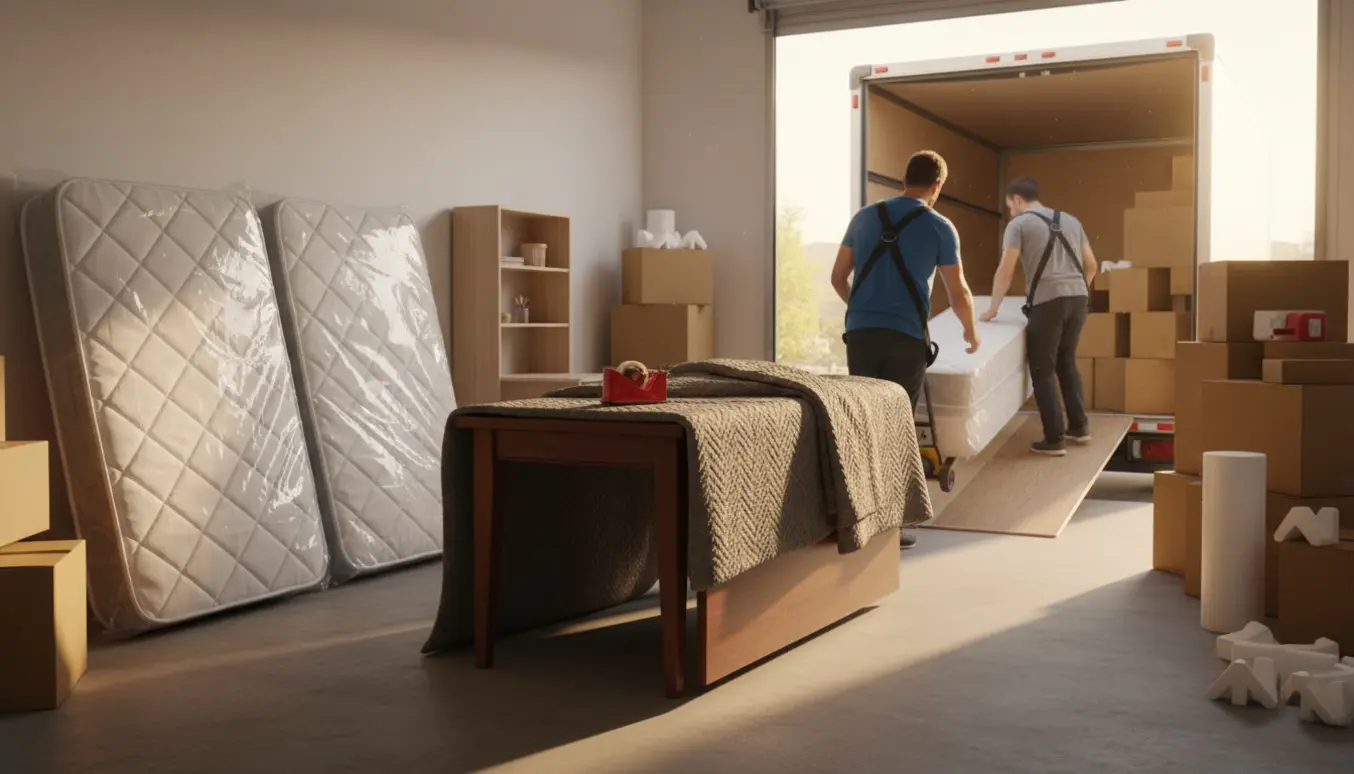 To personer flytter møbler og kasser fra et lagerrum til en flyttevogn.