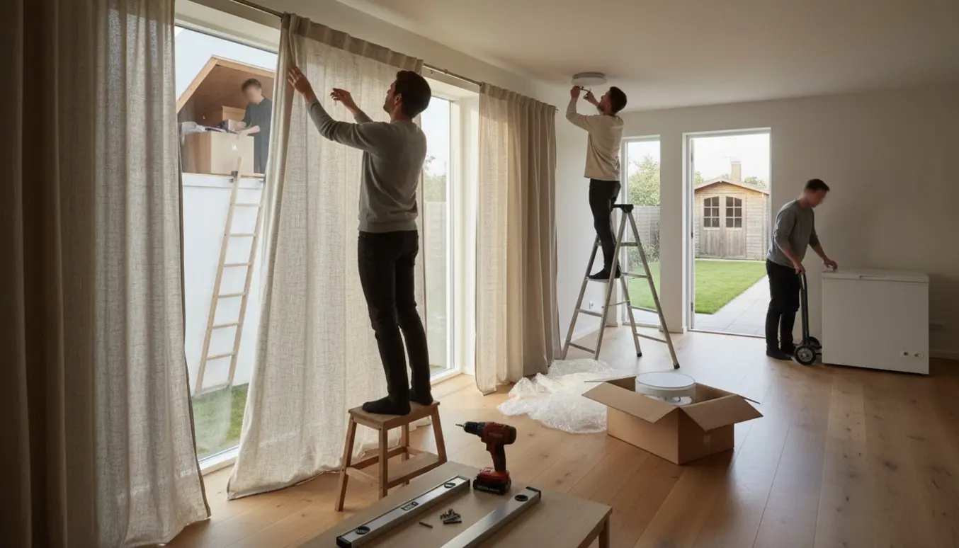 Stue under indflytning med gardiner til ophæng, lamper under montering, flyttekasser i loftet og en lille fryser på trille klar til skuret.