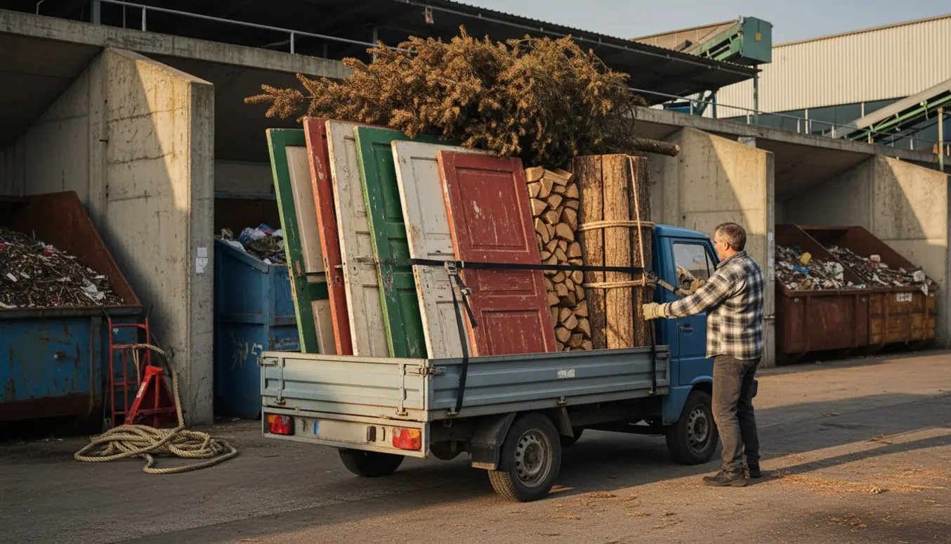Lastet pickup ved genbrugsstation med fem døre, et juletræ og et brændetårn klar til bortkørsel.
