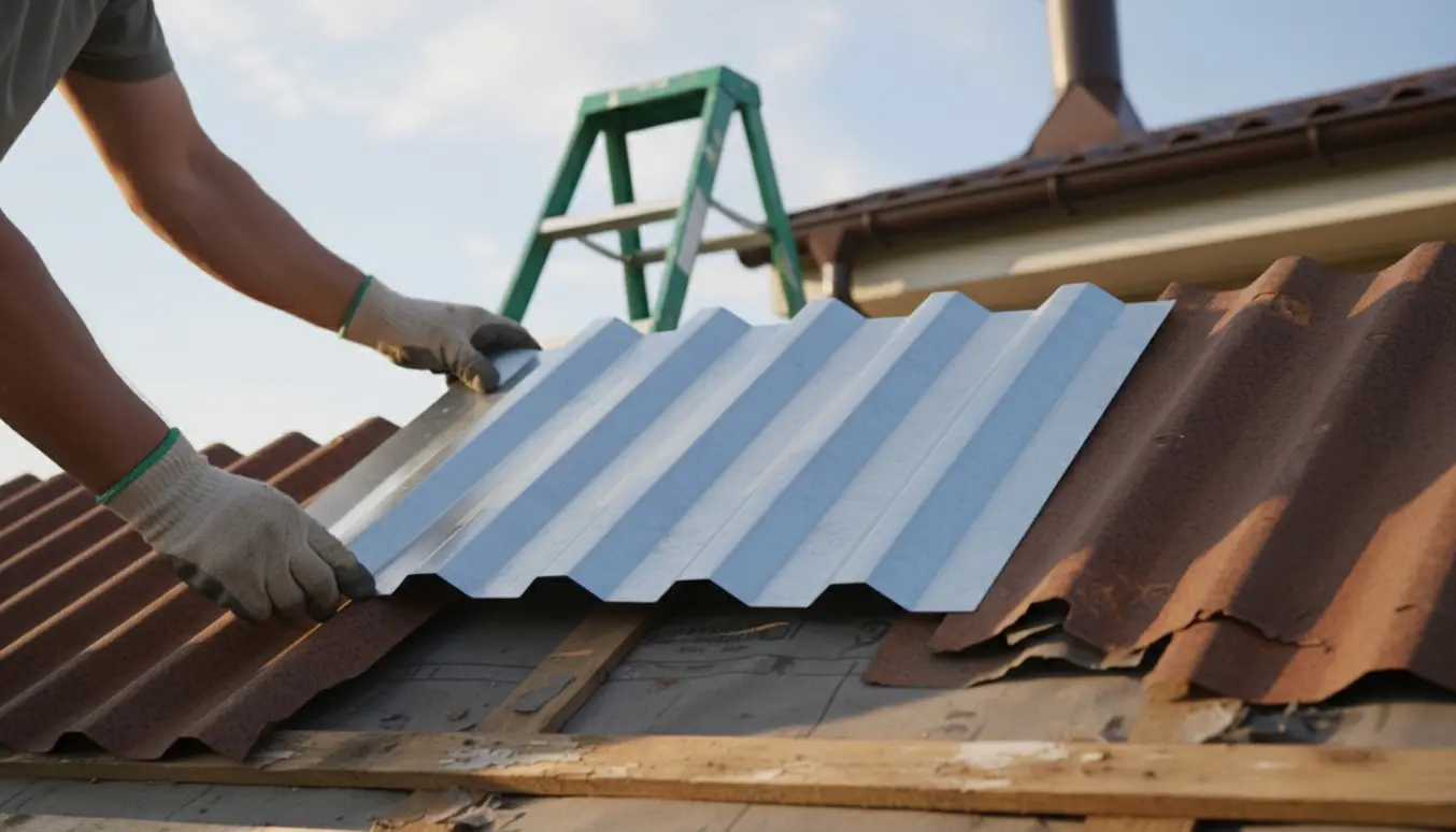Nærbillede af hænder, der monterer en ny trapezplade på et tag uden værktøj.