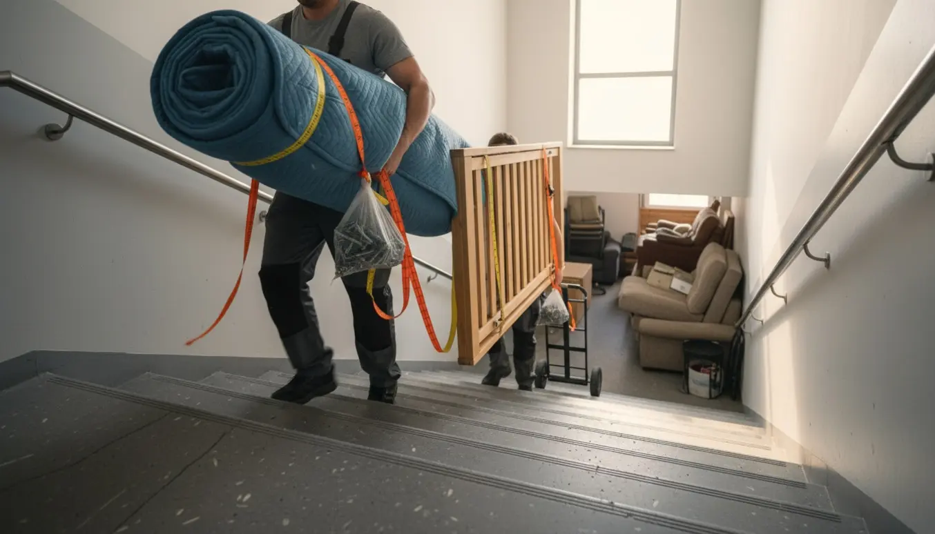 To personer bærer en madras og sengedele ned ad trappen mod et åbent storskraldsrum.