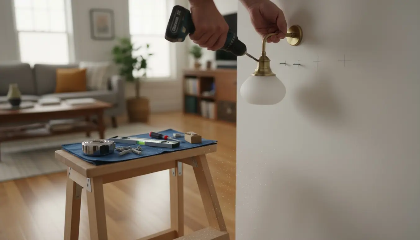 Nærbillede af hænder, der monterer en lampe på en stuevæg med boremaskine, skruer og værktøj ved siden af.