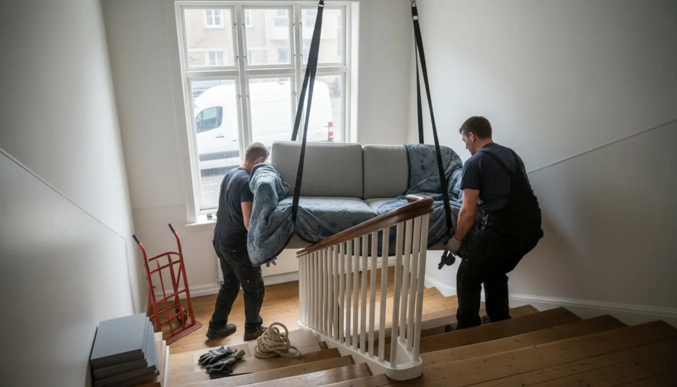En let 2-personers sofa bæres op ad en smal trappe til en lejlighed, pakket i flyttebetræk.