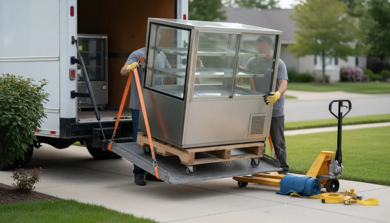 Stor kølemontre løftes ind i en varevogn med lift af to hjælpere, ansigter ikke tydelige.
