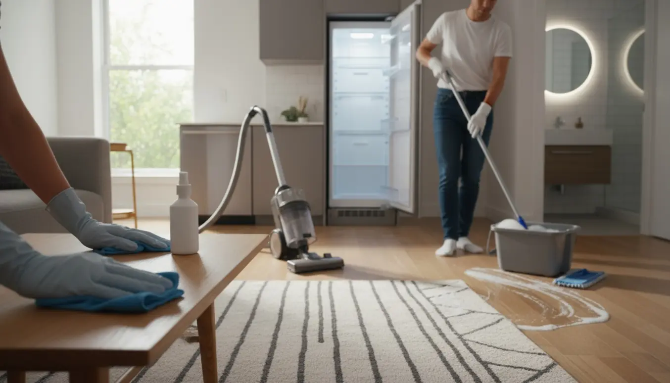 Gummihandsker tørrer et sofabord i en lys og ryddelig lejlighed med rengøringsudstyr i baggrunden.