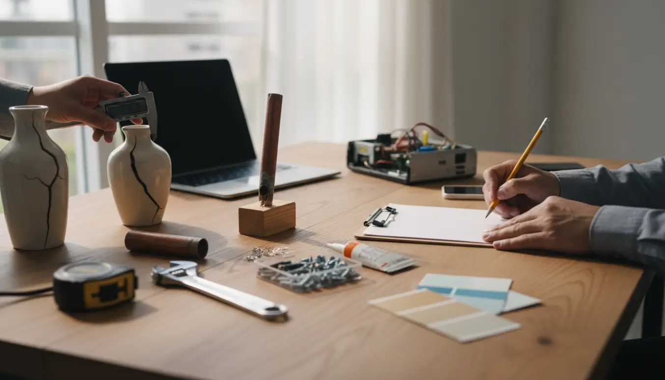 Hænder vurderer ødelagte genstande på et bord med værktøj og en tom tilbudsformular.