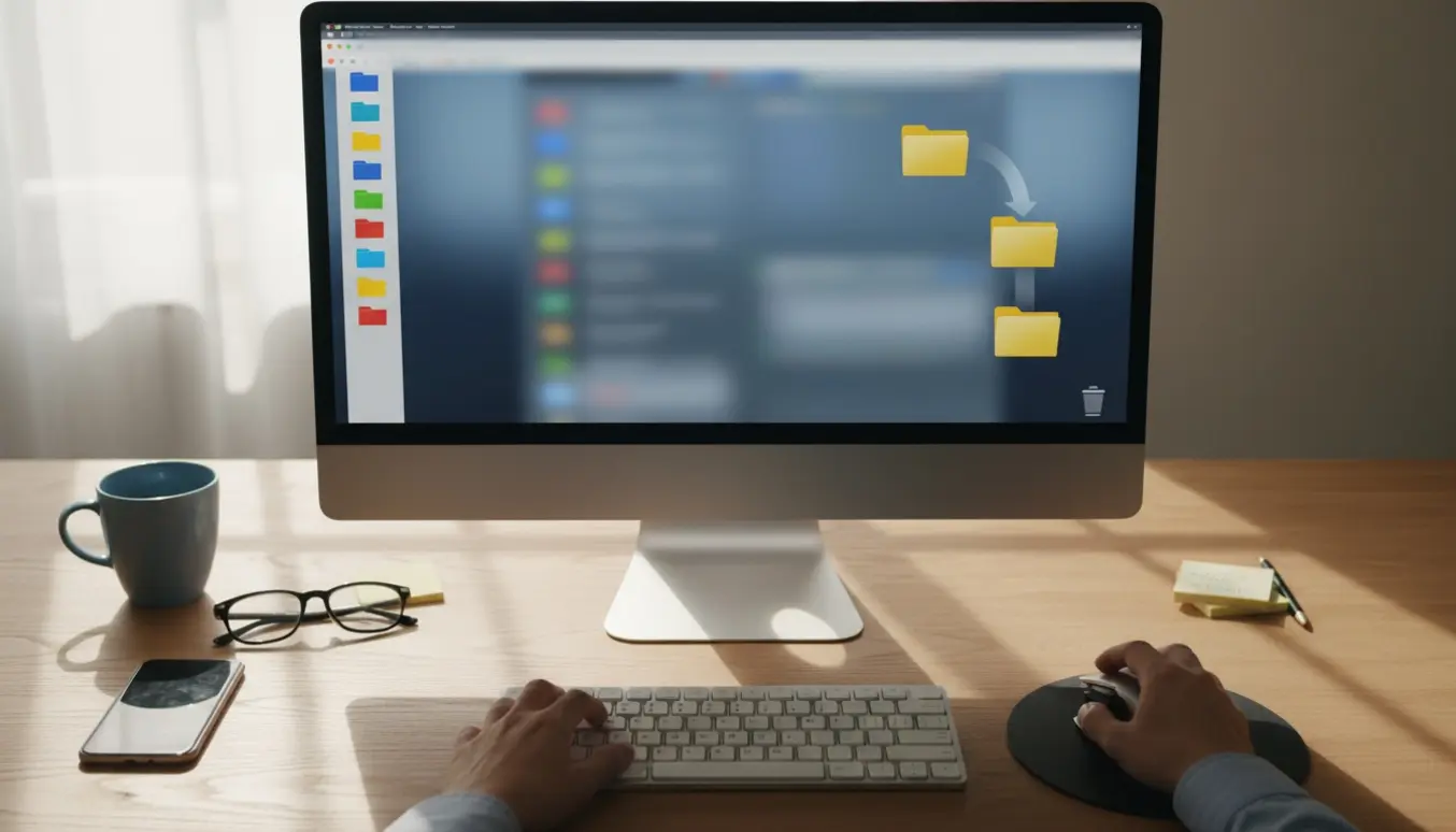 Nærbillede af en computer med en e‑mailklient, hvor en mappe er slettet men visuelt dukker op igen på et ryddeligt skrivebord.