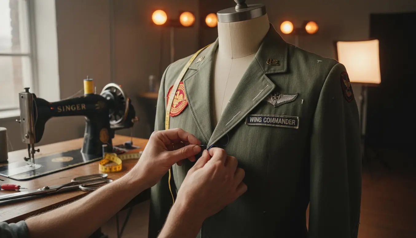 Skrædder syr en tynd uniformsjakke med patches på en dukke omgivet af symaskine og scenelys.