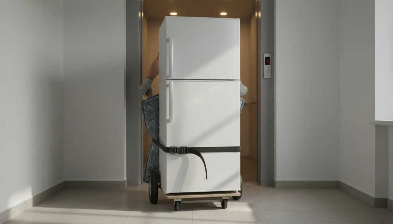 Et køleskab på en flyttedolly i en opgang, klar til privat flytning.