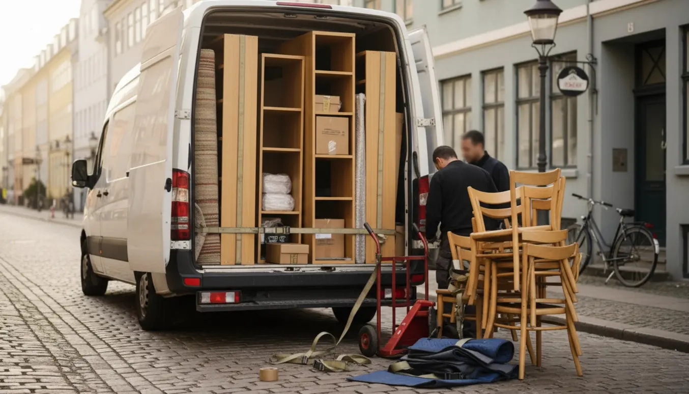Åben flyttebil på en københavnsk gade med reoler, stabler af stole og et rullet tæppe klar til transport.