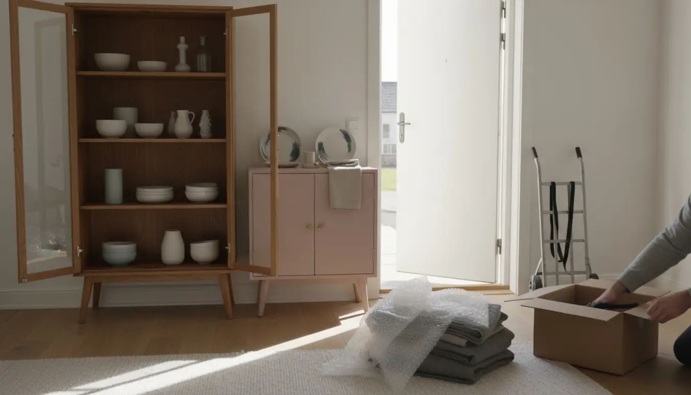 Vitrineskab og mindre brugskunstskab klar til afhentning i en lys stue med bobleplast og en sækkevogn.