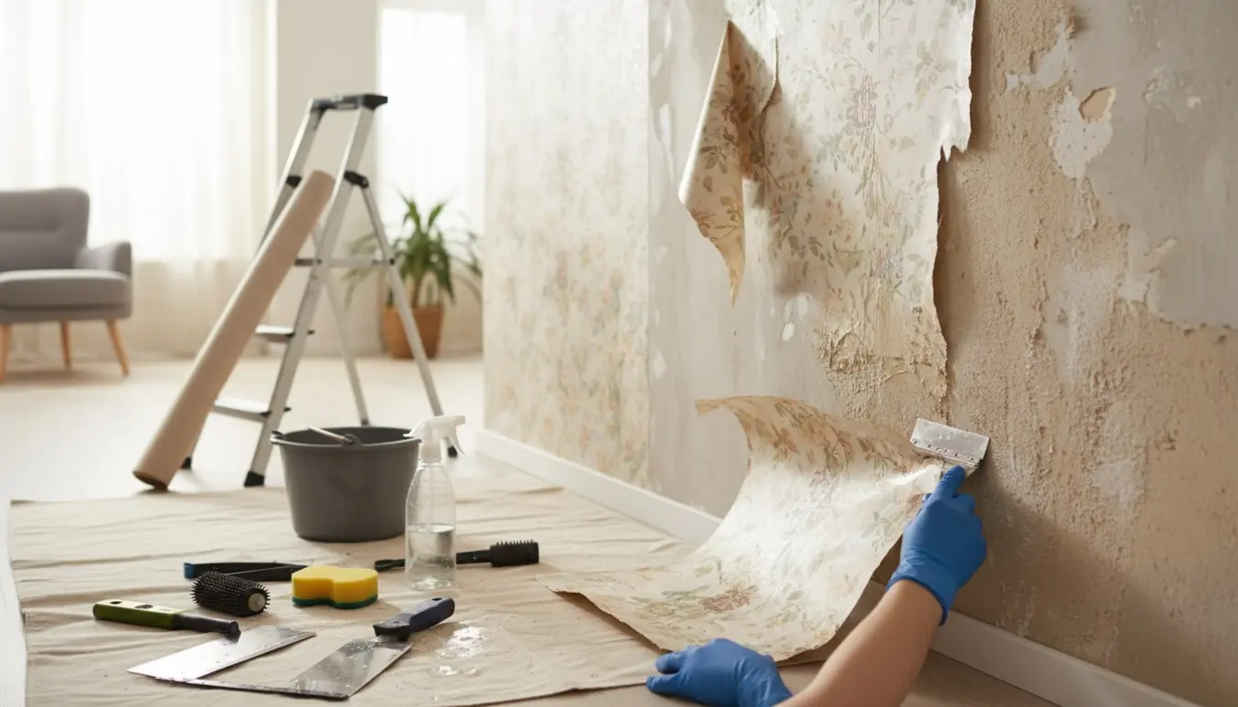 Hænder fjerner tapet fra en væg i et lyst rum med værktøj og afdækning.