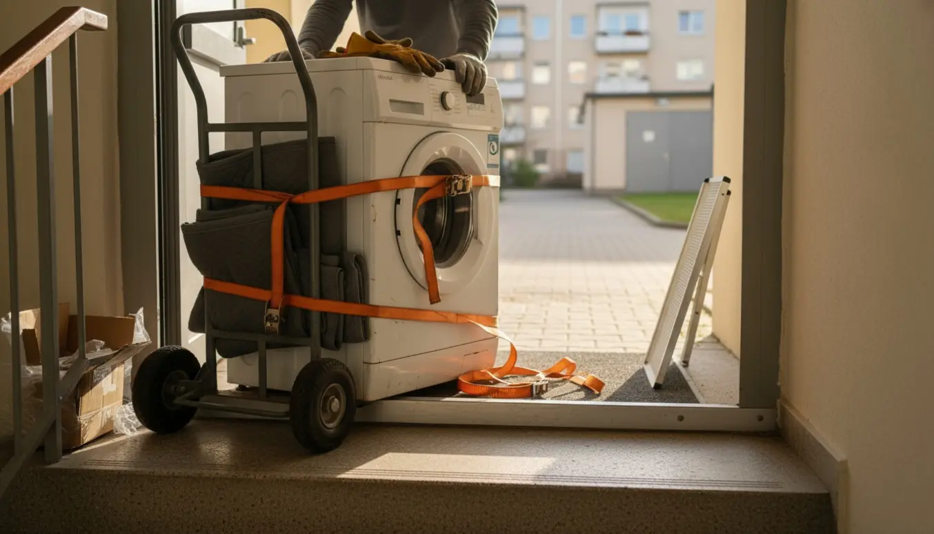 Vaskemaskine på transportvogn i opgangen ved åben hoveddør, klar til at blive flyttet ud til storskraldsrummet.