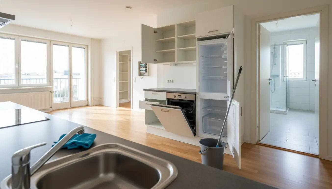 Tom, nyvasket lejlighed med åbne skabe, skinnende køkkenapparater og sollys gennem rene altandøre.