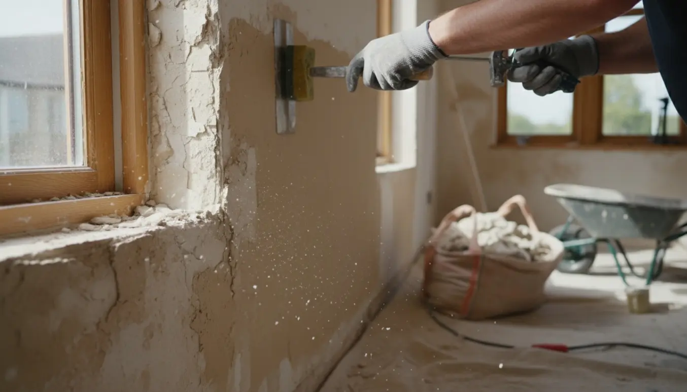 Hænder fjerner løst puds og pudser nyt lag ved et vindue, mens affald er samlet til bortkørsel.