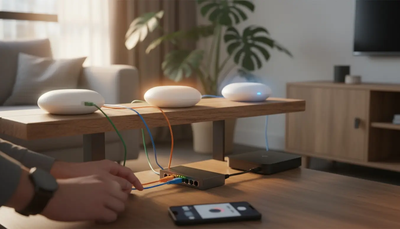 Nærbillede af hjemme-router, switch og tre hvide Wi‑Fi-accesspoints i en stue, med en hånd der tilslutter et netværkskabel.