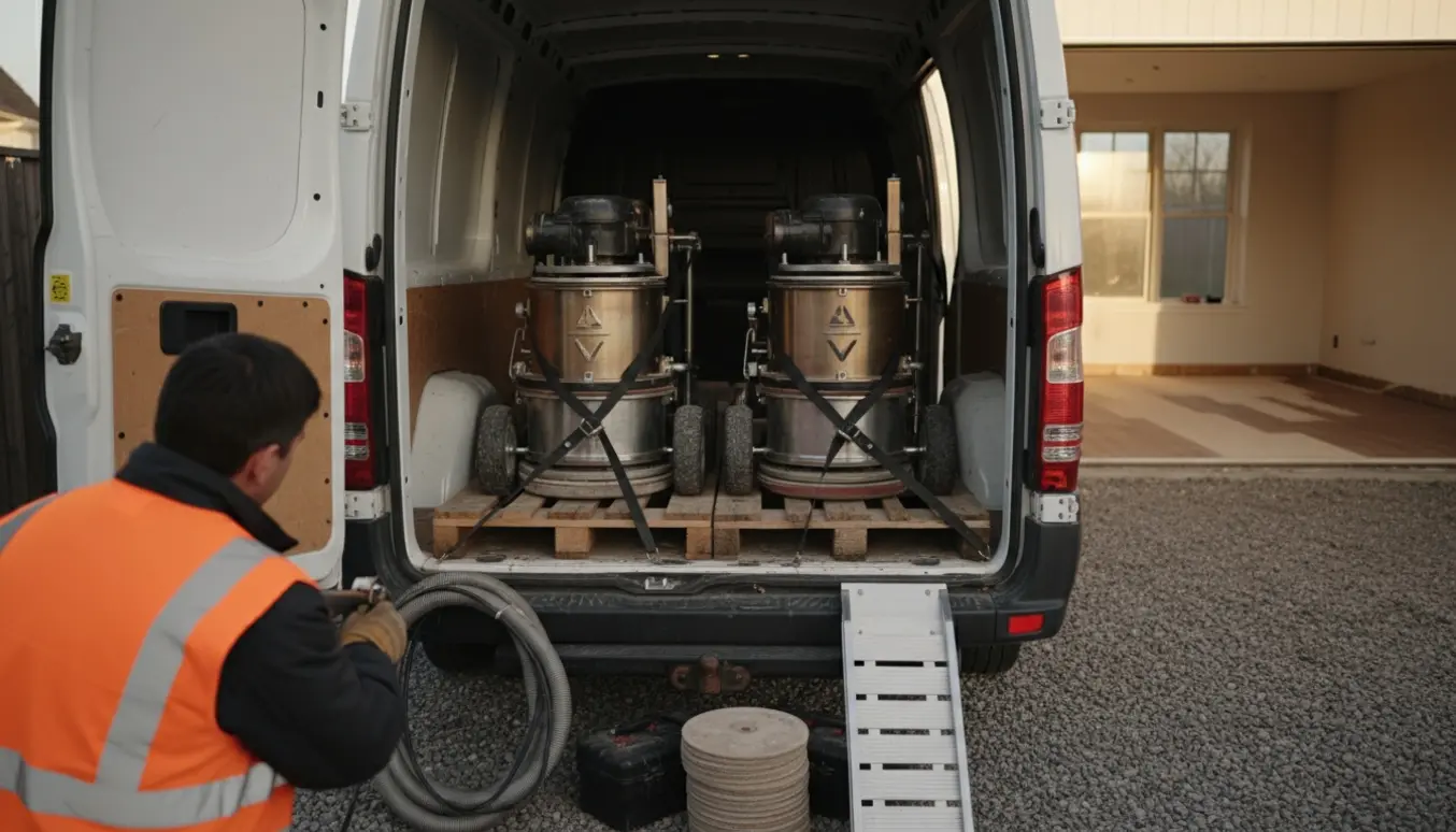 Varevogn læsset med gulvslibemaskiner på rampe, chauffør set bagfra sikrer udstyret.