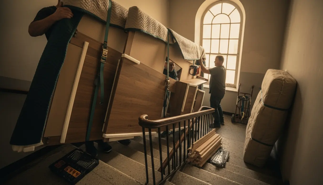 Demonteret højseng med skrivebord bæres forsigtigt ned ad en lejlighedstrappe med flyttetæpper og værktøj.