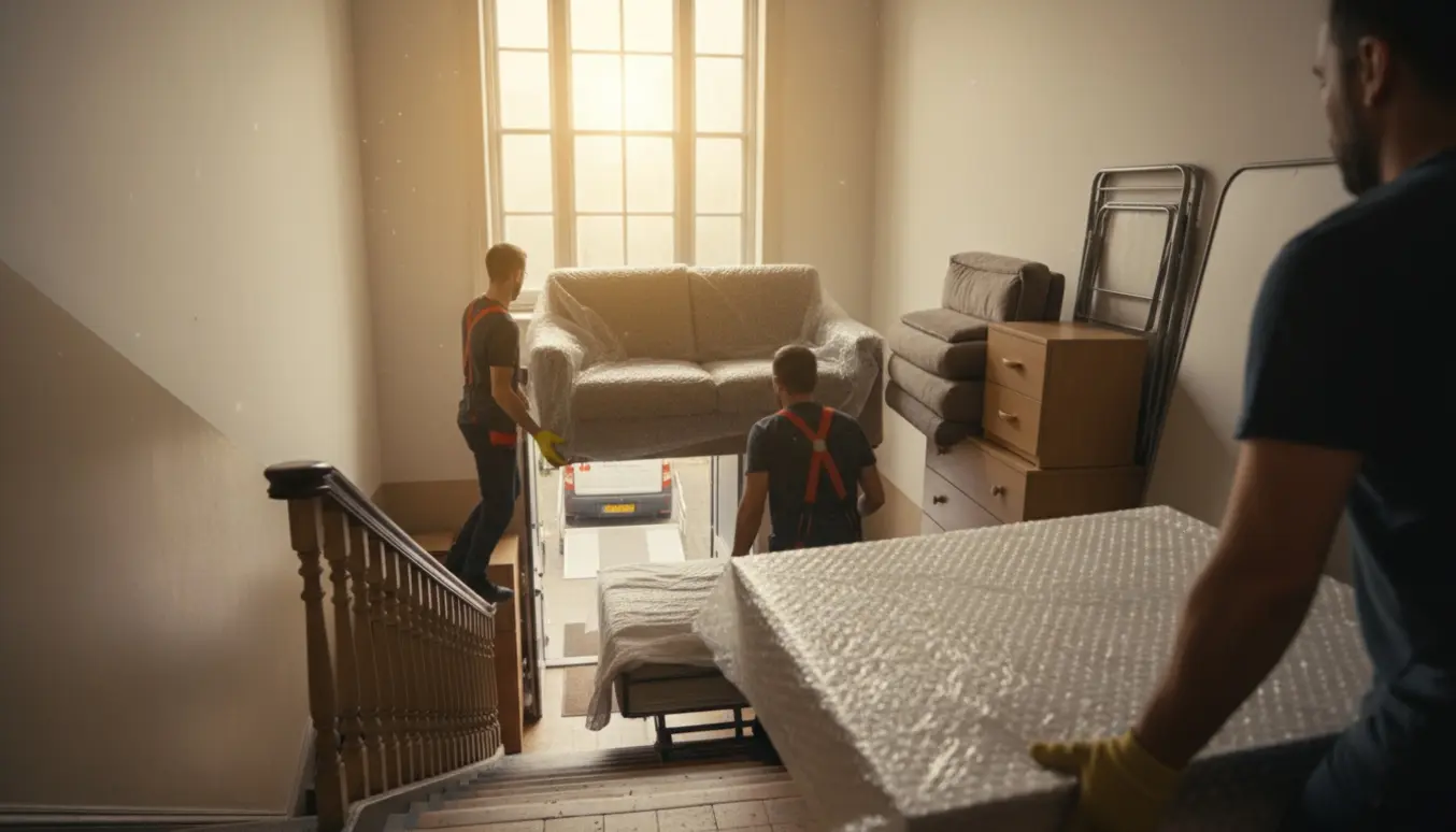 Flyttefolk bærer seng, sofa og kommode ned ad trappe fra tredje sal mod en ventende varevogn.