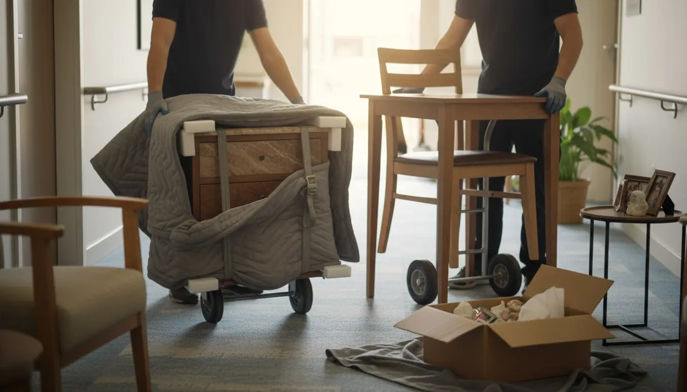 Flyttefolk transporterer et mindre marmorskuffemøbel, et bord, to stole og en papkasse i en lys plejehjemskorridor.