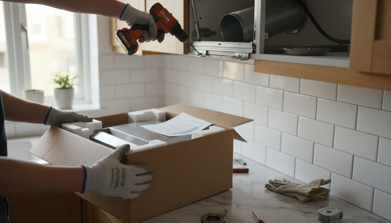 Afmontering af en skabsintegreret emhætte og forberedelse til montering af en ny i et moderne køkken.