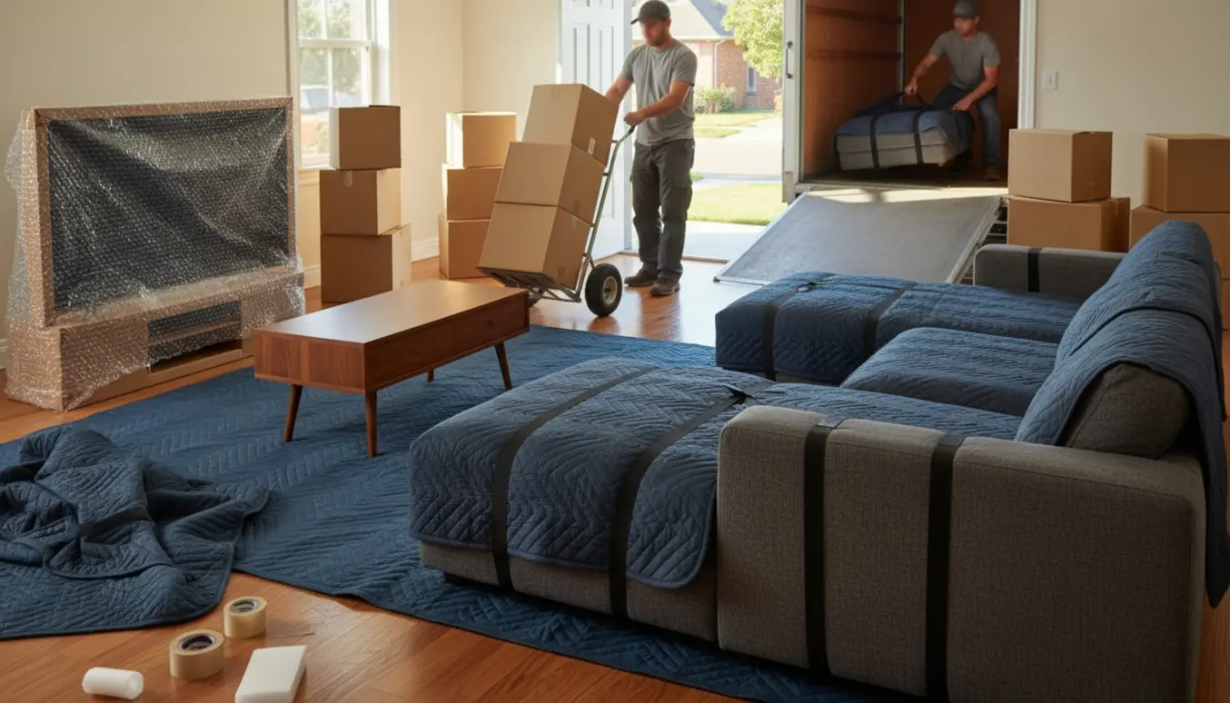 Flyttescene med tre-delt sofa indpakket på flyttetæpper, beskyttet TV og otte brune flyttekasser ved en åben flyttebil.