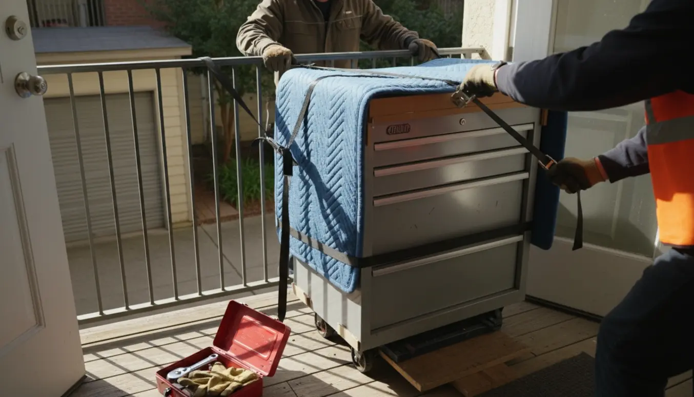 Stålskab flyttes fra depot til altan på 1. sal med remme og tæpper, ansigter ikke synlige.