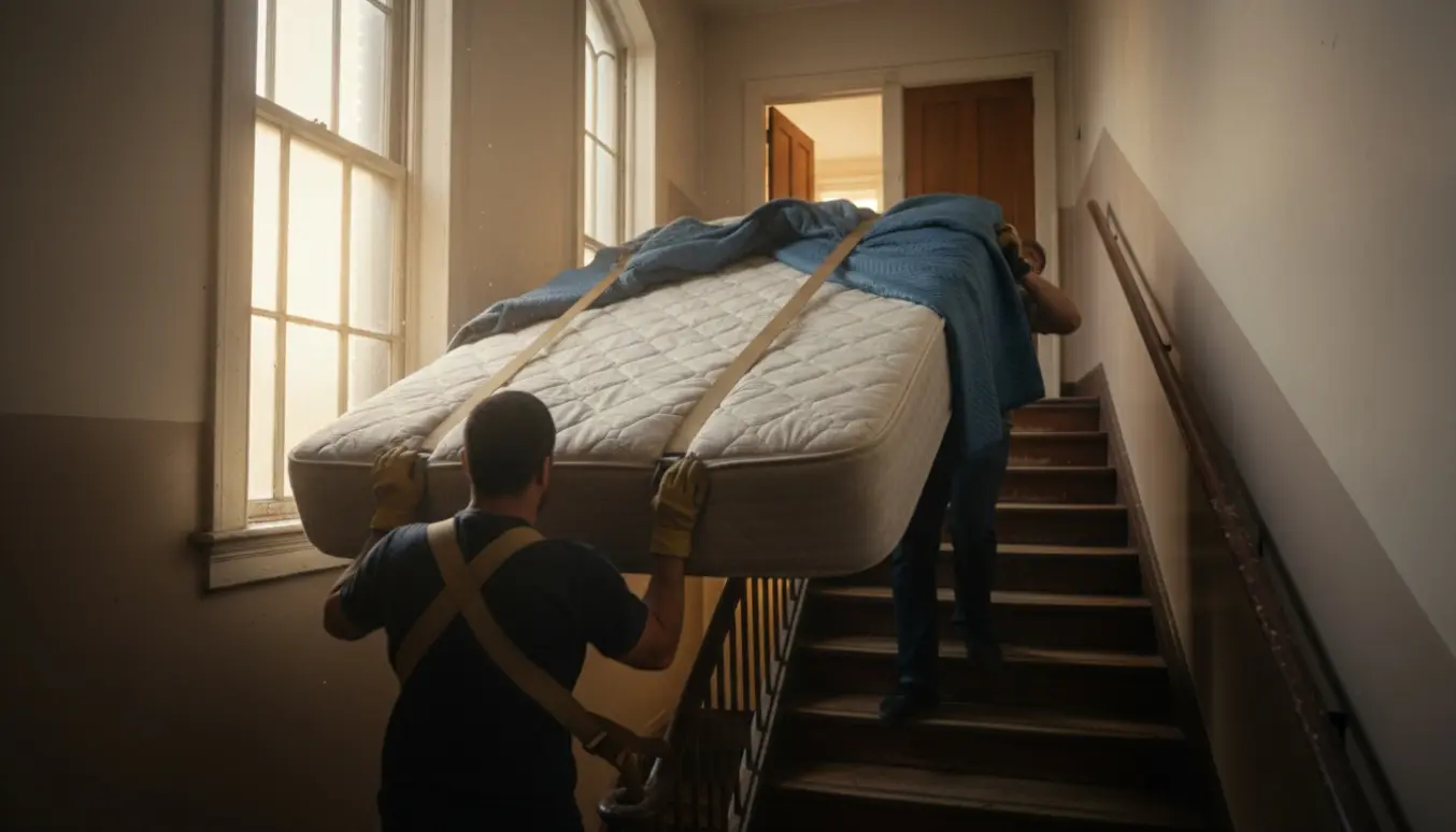 To flyttemænd bærer en smal dobbeltseng op ad en trappe mod en lejlighedsopgang.