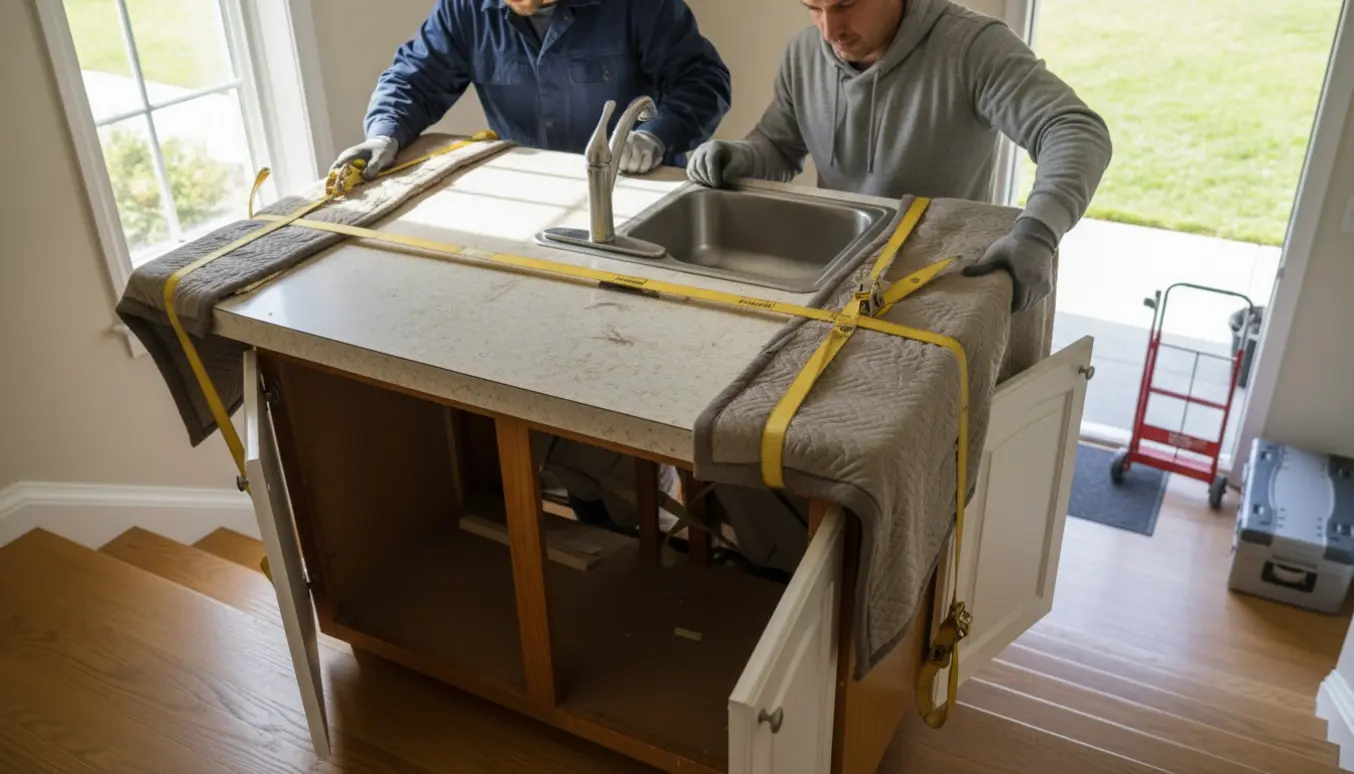 Halv køkkenbordplade med vask bæres ned ad en bred opgang mod gården af to personer, med handsker og flyttetæpper.