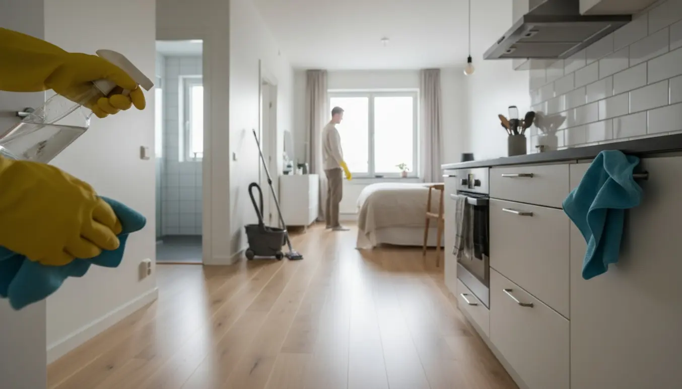 Professionel rengøring i en lys, skandinavisk lejlighed med rengøringsudstyr og nypudsede overflader.