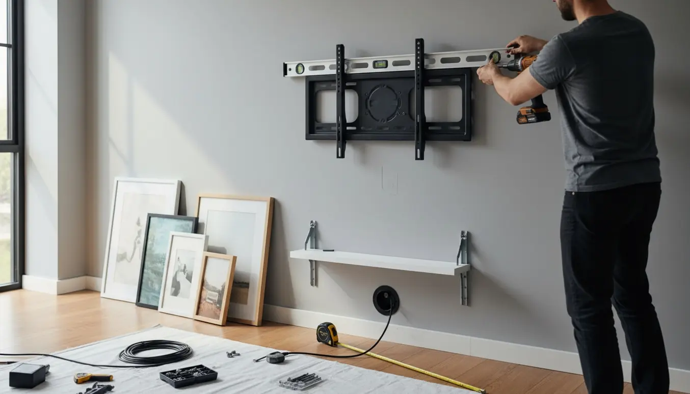 Hænder monterer et TV-vægbeslag med en flydende hylde og billedrammer klar på en lys stuevæg.