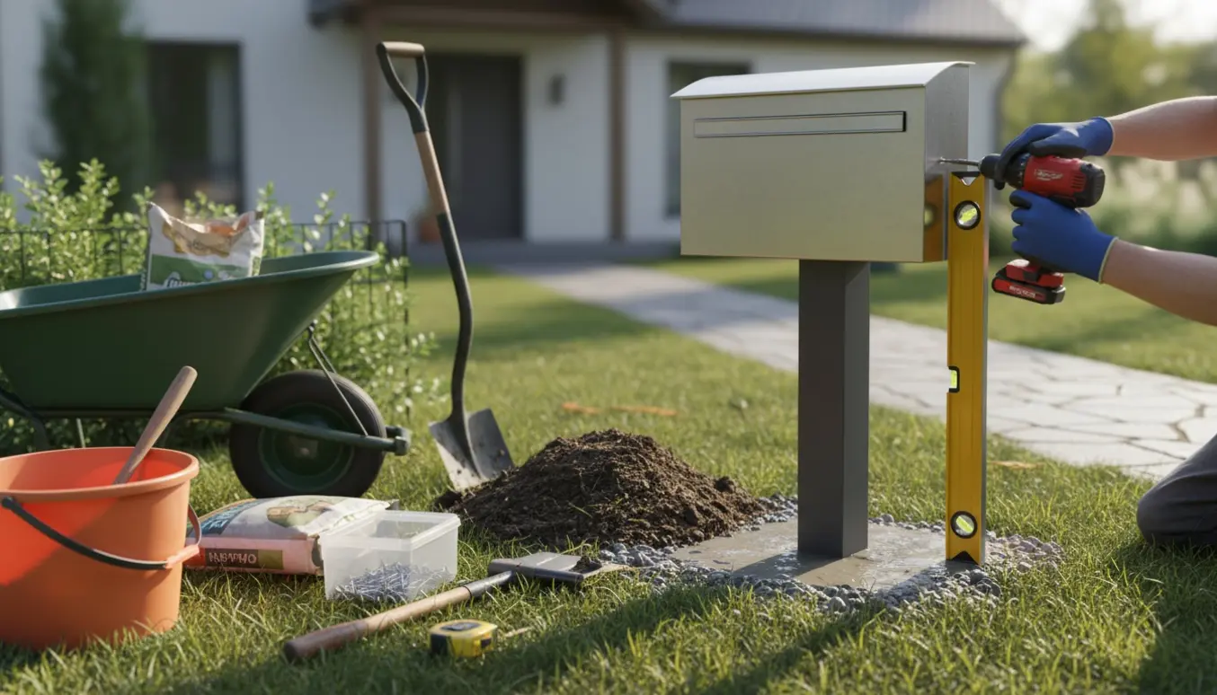 Nærbillede af opsætning af en ny postkasse i forhaven med værktøj og hænder, der monterer kassen på et jordankret stativ.